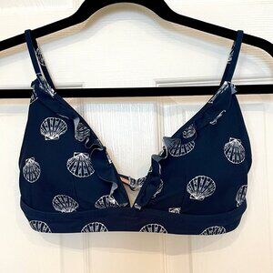 EUC Navy & White Print Seashells Nautical Clams Seashells Ruffled Bikini Top